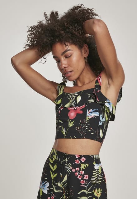 Urban Classics - Flowers Crop top - Bloemen - XS - Zwart