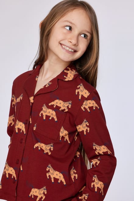 Woody Meisjes-Dames pyjama donkerrode ponyprint - maat 164/14J