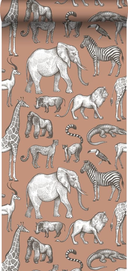 ESTAhome behang jungle dieren terracotta - 50 x 900 cm - 139512