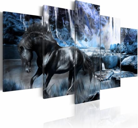Schilderij - Paard en waterval , zwart blauw , 5 luik