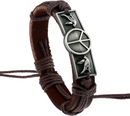 Fako Bijoux® - Leren Armband - Leder - Plate Peace - Bruin