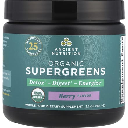 Ancient Nutrition, Supergreens biologiques, baies, 94 g (90,7 g)