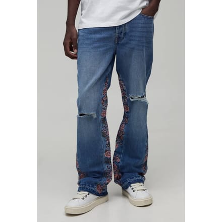 Slim Flared Jeans Met Gescheurde Knieën En Bloemeninserts | Mid Blue | Size 30R