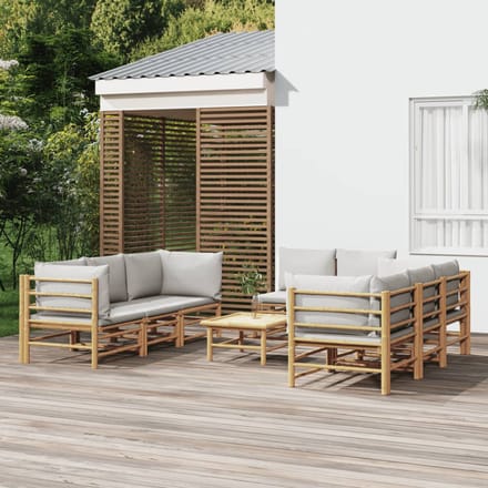 vidaXL - 9-delige - Loungeset - met - kussens - bamboe - lichtgrijs