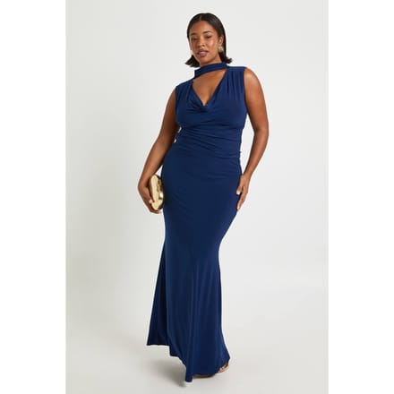 boohoo Dames Plus cowl-neck top met sjaaldetail en column maxi-rok | Navy | Maat: 20