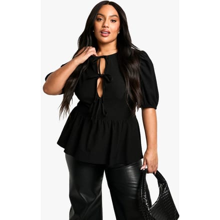 boohoo Dames Plus Crinkle Tie Front Puff Sleeve Smock Top | Zwart | Maat: 52