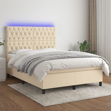 vidaXL - Boxspring - met - matras - en - LED - stof - crèmekleurig - 140x200 - cm