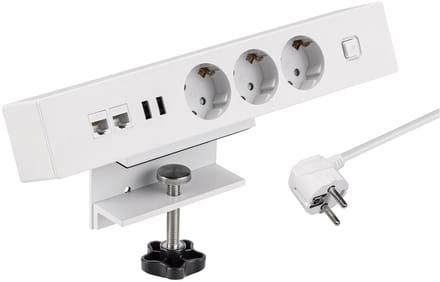 MaxTrack stekkerdoos met 3 contacten, 2x USB en 2x RJ45 - voor aan bureau / wit - 1,8 meter