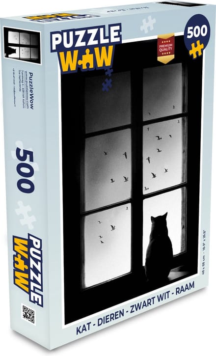 Puzzel Kat - Dieren - Zwart wit - Raam - Legpuzzel - Puzzel 500 stukjes