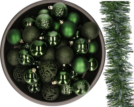 Kerstversiering set - donkergroen - 37x kerstballen 6 cm en kerstslinger - kunststof