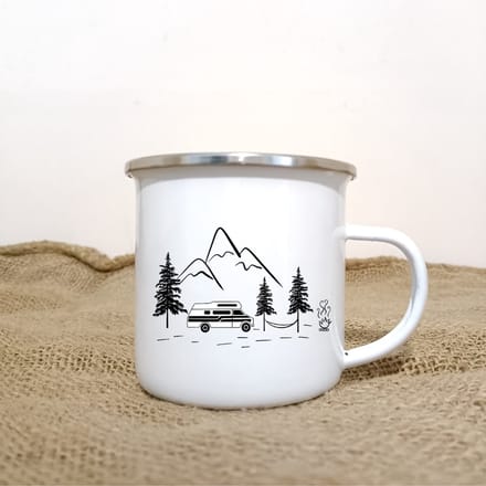 Beker - campingbeker - Oldtimer zwart wit - duurzaam - emaille beker – CamperHomie