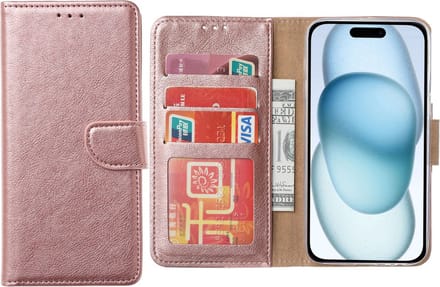 Hoesje Geschikt voor iPhone 15 Plus – Arara bookcase met pasjeshouder- Rosegoud