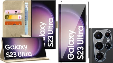 Hoesje geschikt voor Samsung Galaxy S23 Ultra - Screenprotector FlexGuard & Camera Lens Screen Protector - Book Case Kunstleer Pasjeshouder Goud