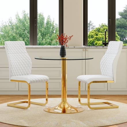 MIVRAY Eethoek 85 cm - Ronde Glazen Tafel Met 2 Eetkamerstoelen - Voor Eetkamer En Horeca - Metaal Wit Goud