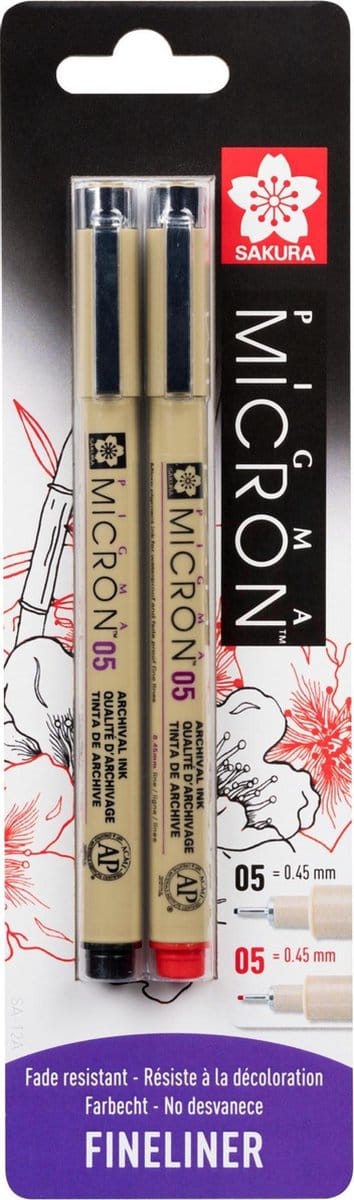 Sakura Blisterkaart Pigma Micron 05 0,45 Mm Zwart, Rood, 2st.
