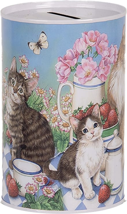 Clayre & Eef Spaarpot Ø 8x13 cm Blauw Metaal Kat