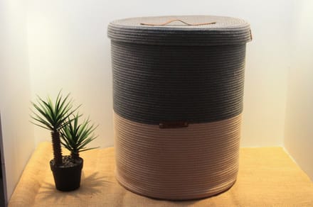 OZ Home - Mand met Deksel - Beige/Donkerblauw - Duurzaam & Functioneel - Voor Grote Opslag en Organisatie