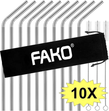 Fako Bijoux - RVS rietjes - 10 Stuks - Gebogen - Herbruikbaar - 21 cm - 3 Schoonmaakborsteltjes