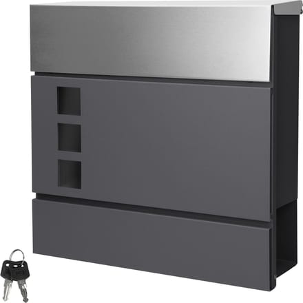 ECD Germany Moderne designdoos met krantenvak 37 x 10,5 x 36,5 cm roestvrij staal antraciet / zilver kijkvenster 2 sleutels en bevestigingsmateriaal - wandmailbox krantrol