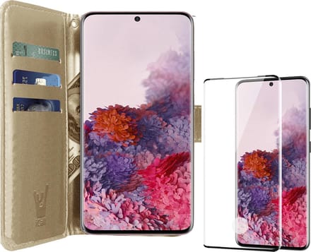 Hoesje geschikt voor Samsung Galaxy S20 - Screen Protector FullGuard - Book Case Kunstleer Pasjeshouder Goud & Screenprotector