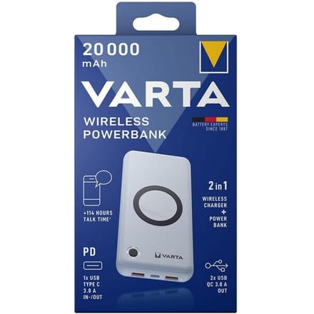 Draadloze Powerbank Varta, 20000 mAh, 1x USB-C (In & Out), 2x USB-A (Out), opladen met of zonder kabel, B 79 x D 24 x H 160 mm, wit