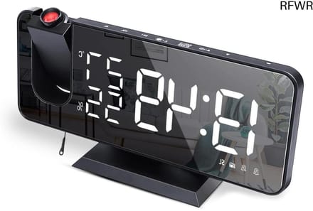 Alarm Clock with Projection,Digital Projection Alarm Clock with 7.5 Inch Mirrored LED Display,FM Radio,Snooze Double Alarm,4 Screen Brightness,Automatic Dimming Function,USB Port (Black)