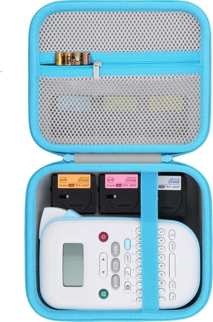 Draagbare opbergcase voor handlabelmaker, organizer voor labeltapes en accessoires, wit met blauwe rits