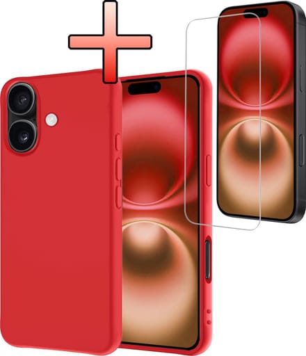 Hoesje - Met Screenprotector - Geschikt voor Apple iPhone 16 - Sterk & Shockproof - Back Cover - Siliconen Case - Telefoon Hoes - Rood