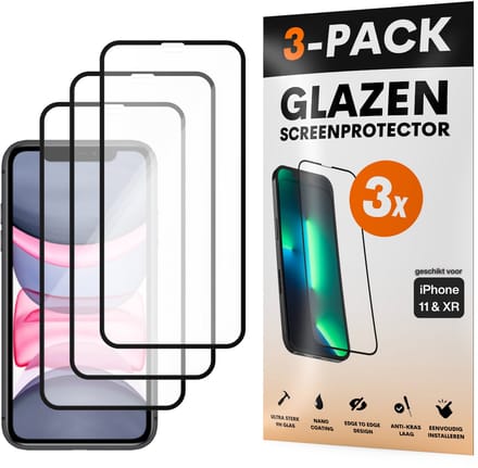 Screenprotector - Geschikt voor iPhone 11 / XR - Gehard Glas - Full Cover Tempered Glass - Case Friendly - 3 Pack
