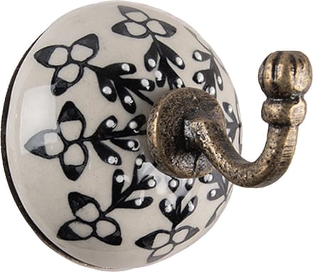Clayre & Eef Wandhaak Ø 6 x7 cm Wit Zwart Keramiek
