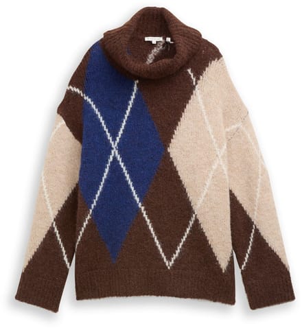 Tom Tailor - Oversized coltrui met wol - Maat M - brown blue argyle knit dsign