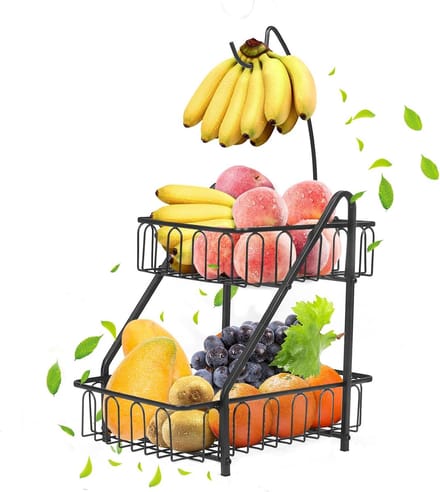 Fruitmand met 2 niveaus en bananenhouder (zwart)