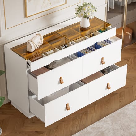 Dressoir - 120x40x78 cm - Met 6 Laden Gehard Glas - Multifunctioneel Schminktisch - MDF - Wit