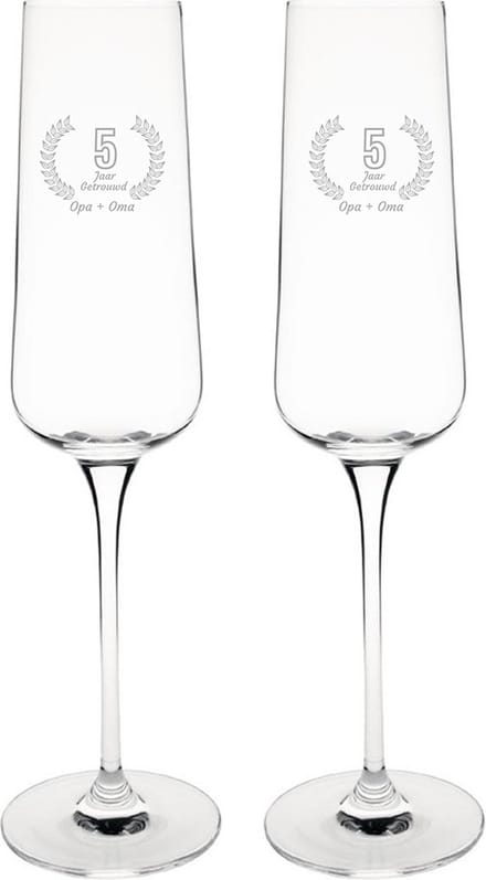 Gegraveerde set champagneglazen 27cl Opa + Oma 5 jaar getrouwd
