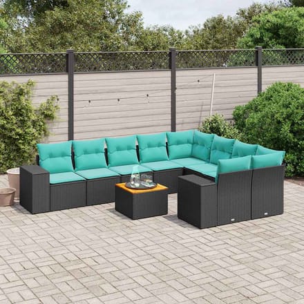 vidaXL - 10-delige - tuinbankset - met - kussens - van - zwart - polyrotan