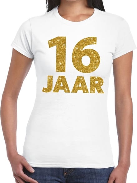 16 jaar goud glitter verjaardag t-shirt wit dames - verjaardag shirts S