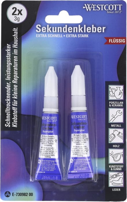 Westcott secondelijm - vloeibaar - 3 gram - 2 stuks op blister - AC-E730982