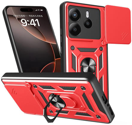 MobyDefend Hoesje - Geschikt voor Xiaomi Redmi Note 14 5G - Pantsercase Met Draaibare Ring - Rood