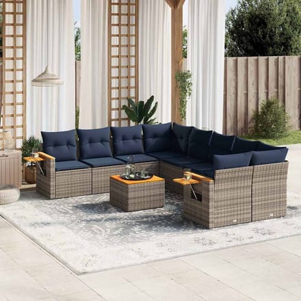vidaXL - 9-delige - Loungeset - met - kussens - poly - rattan - grijs