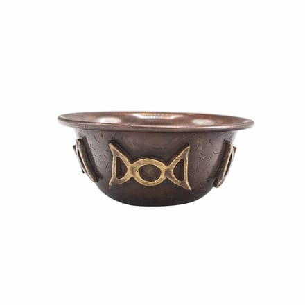 Antieke koperen rituele kom met drievoudige maan 8x4cm