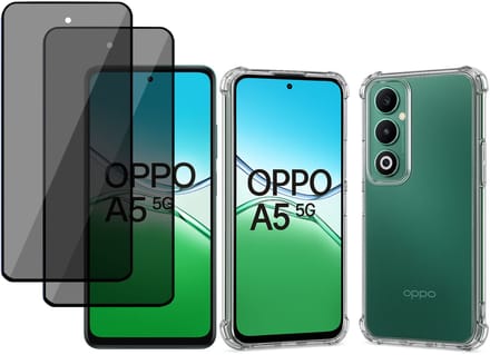 TechNow Hoesje + 2x Privé Screenprotector geschikt voor OPPO A5 5G Hoesje Screenprotector - Privacy Tempered Glass - Case Transparant