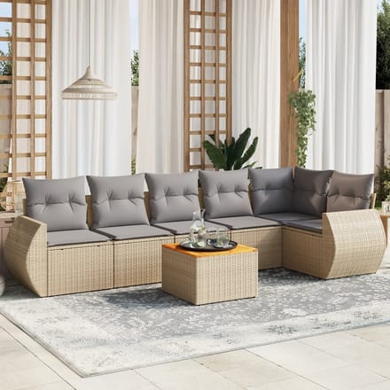 vidaXL - 7-delige - Loungeset - met - kussens - poly - rattan - beige