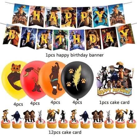 30 stuks Puss in Boots feestartikelen inclusief taarttopper ballonnen banner orange