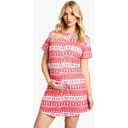 boohoo Dames Zwangerschaps Kerst Fairisle-print 2-pack Peached Button Down Nachtjurk | Maat: 8