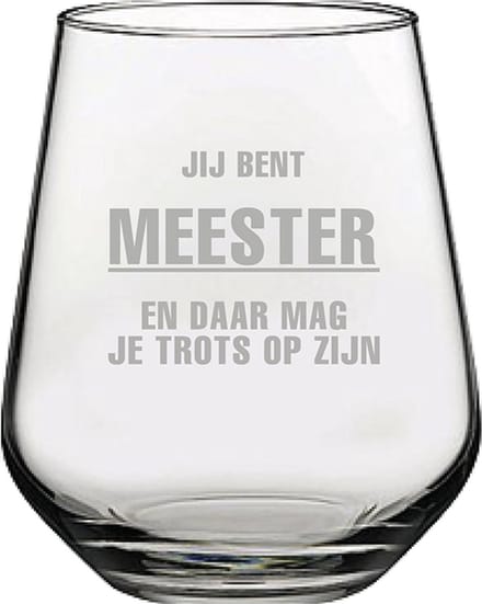 Gegraveerde Drinkglas 42,5cl Jij bent Meester en daar mag je trots op zijn