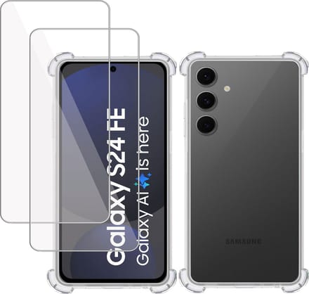 Hoesje + 2x Screenprotector geschikt voor Samsung Galaxy S24 FE – Tempered Glass - Extreme Shock Case Transparant