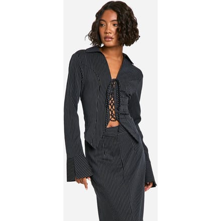 boohoo Dames Tall Pinstripe Lace Up Tailored Shirt | Black | Maat: 12