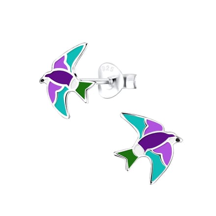 Oorbellen meisje vogel - zwaluw - zilver - paars - turquoise