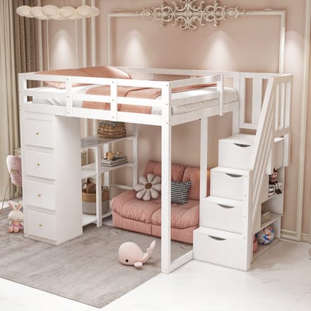 REDOM hoogslaper 140x200 cm – Wit – 4 laden, 3-traps rek, opberglades in ladder – Kindvriendelijk
