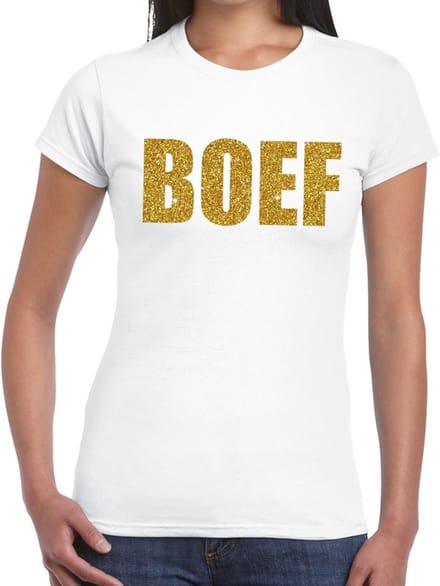 Boef glitter goud tekst t-shirt wit dames - dames shirt Boef in gouden glitter letters M